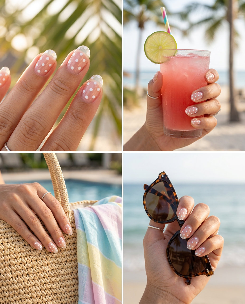 Clean Girl Crystal Jelly Dots summer nail manicure ideas 2026. Sheer pink jelly nails with tiny white dots for daily wear.