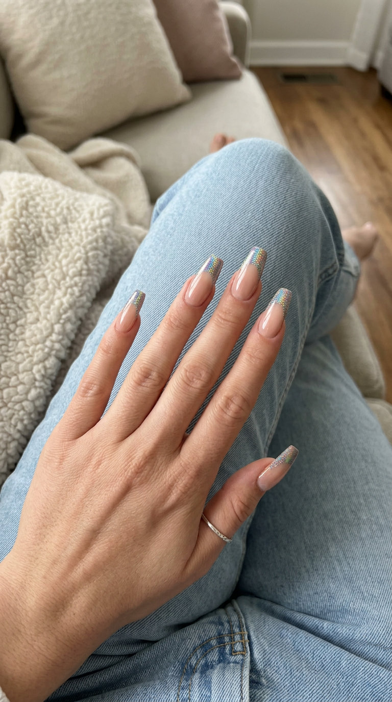 Glamorous Disco Ball Glitter French summer nail manicure ideas 2026. Pink nude nails with vibrant holographic glitter French tips.