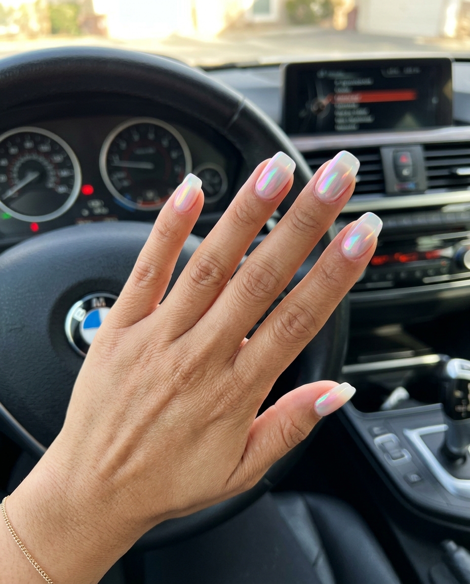 Glamorous Glazed Donut Rainbow Shift summer nail manicure ideas 2026. Milky white nails with iridescent rainbow chrome effect.