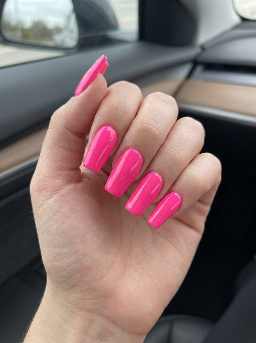 Neon pink flare nails for summer nail manicure ideas 2026. Edgy, vibrant gel polish for festivals and concerts.