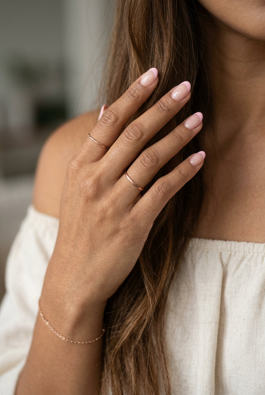 Sweet Pastel Reverse French summer nail manicure ideas 2026. Feminine nude nails with a soft pastel pink cuticle border.