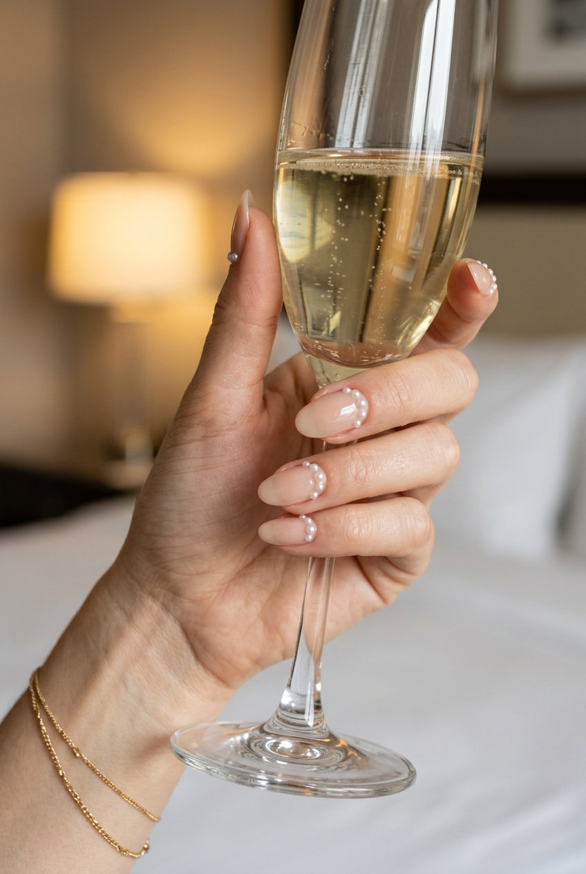 Bridal pearl accent nails with sheer nude polish for summer nail manicure ideas 2026. Romantic and elegant.