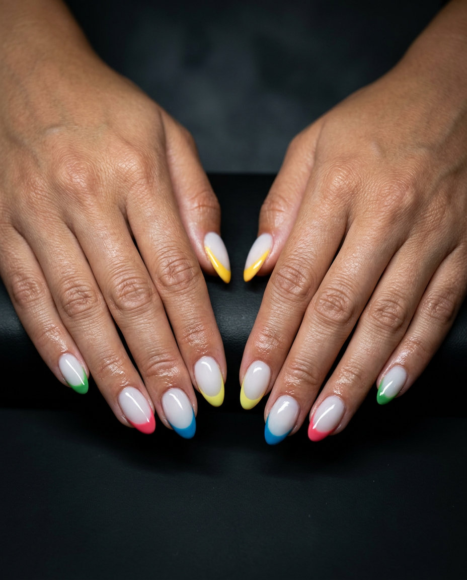 Rainbow French tip almond nails for summer nail manicure ideas 2026. Playful vacation and party style.