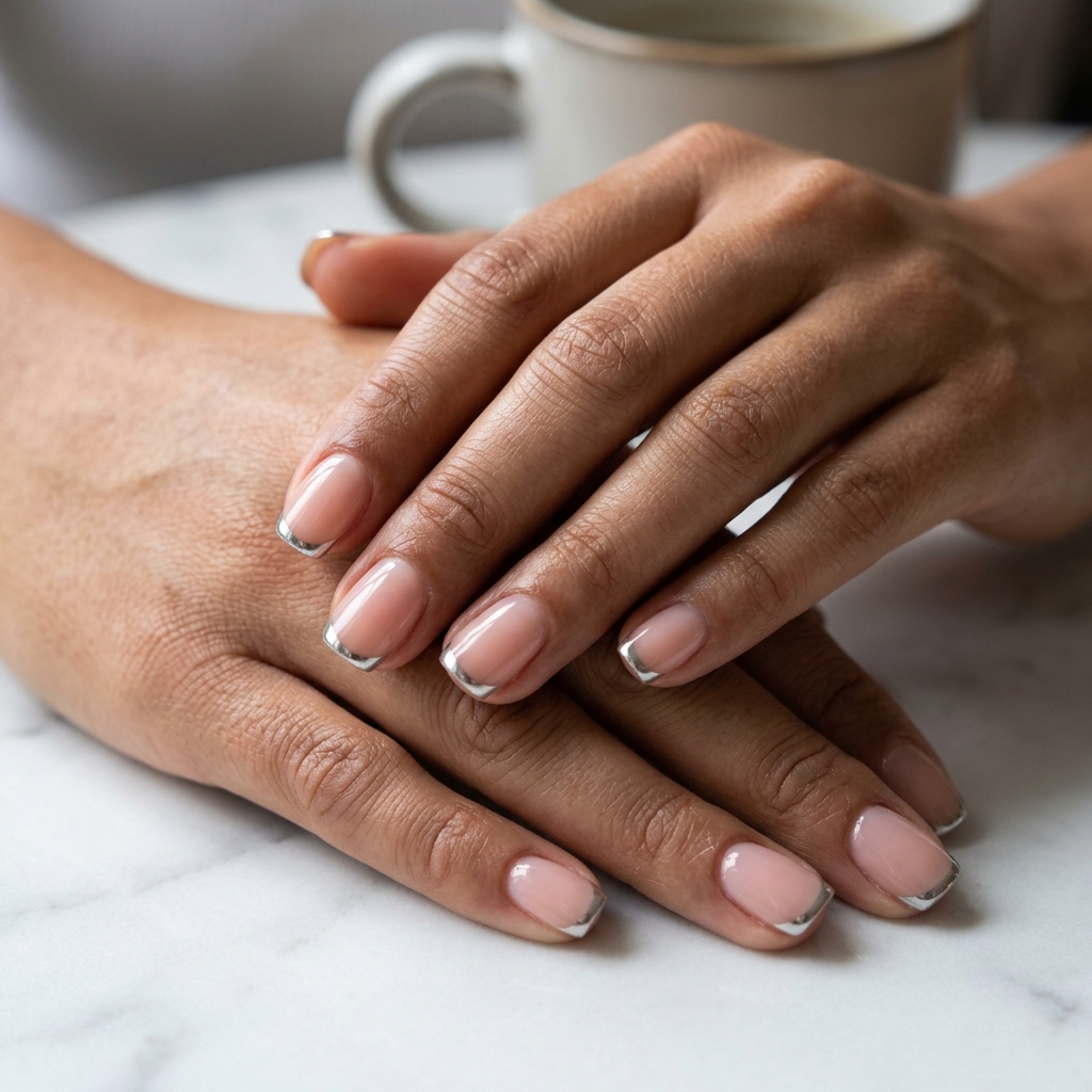 Chic Silver Chrome Micro French summer nail manicure ideas 2026. Minimalist nude nails with a mirror-finish chrome French tip.