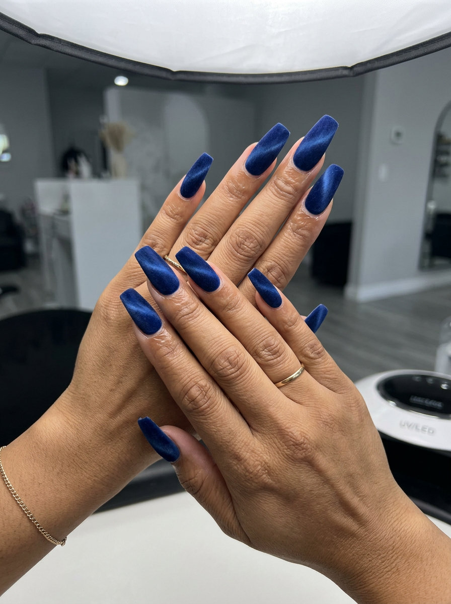 Mystic velvet cat-eye deep blue nails for summer nail manicure ideas 2026. Sultry date night and concert style.
