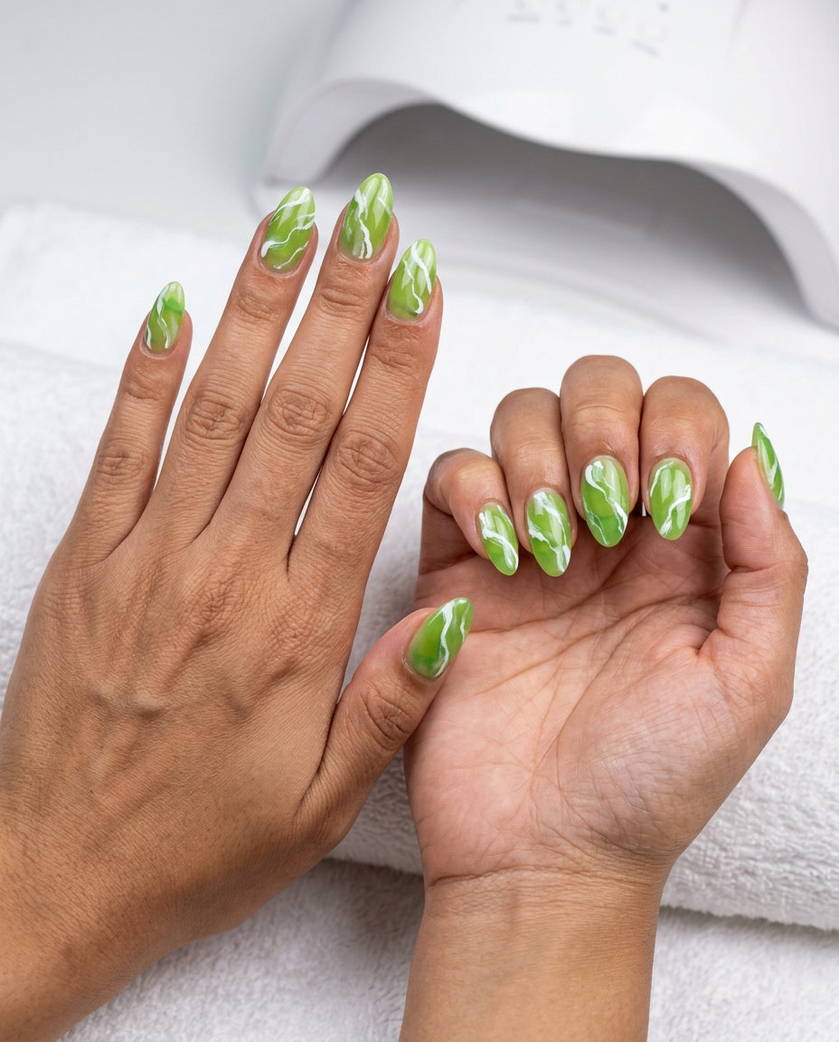 Jelly Lime Marble Summer Nails 2026 Jelly Lime Marble nails for summer nails 2026: Translucent lime green with organic marble patterns for a playful, artistic vacation look.