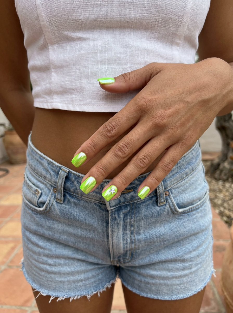 Summer Nails 2026: Bold Lime Chrome Lime green chrome jelly nails for summer nails 2026. Bold and edgy for festivals and parties.