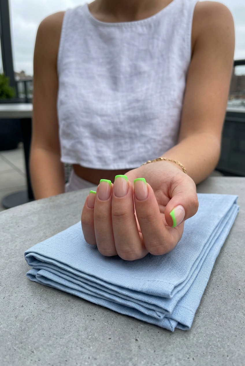 Lime Green Micro French Summer Nails 2026 Zesty Lime Green Micro French nails for summer nails 2026: Sheer nude with vibrant lime green micro French tips for a playful, modern look.