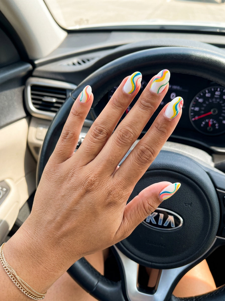 Summer Nails 2026: Playful Abstract Swirls Multicolor abstract swirl nails for summer nails 2026. Whimsical and playful for vacation and festivals.