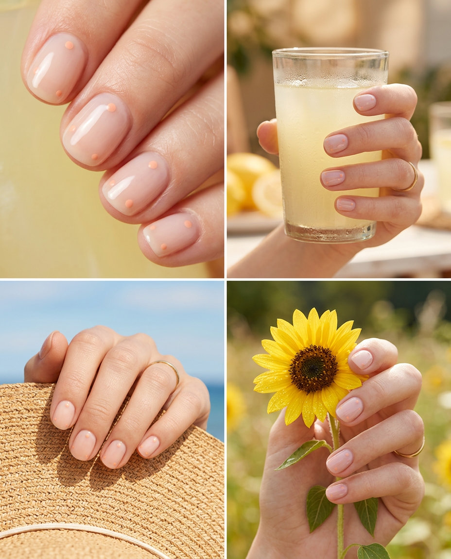 Summer Nails 2026: Minimalist Peach Dots Subtle peach dot nails on nude for summer nails 2026. Clean girl minimalist look for daily and work.