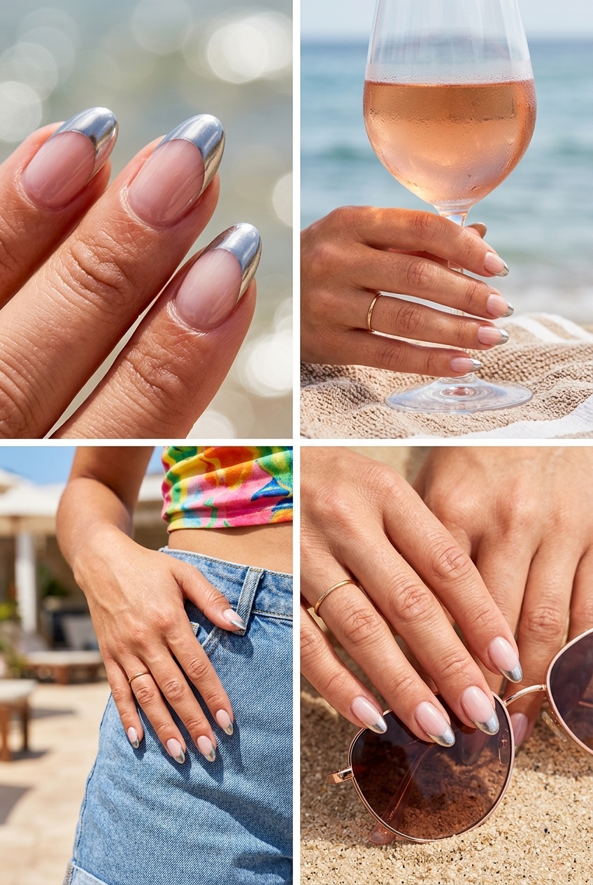 Summer Nails 2026: Edgy Silver French Metallic silver French tip nails for summer nails 2026. Edgy and glamorous for parties and date nights.