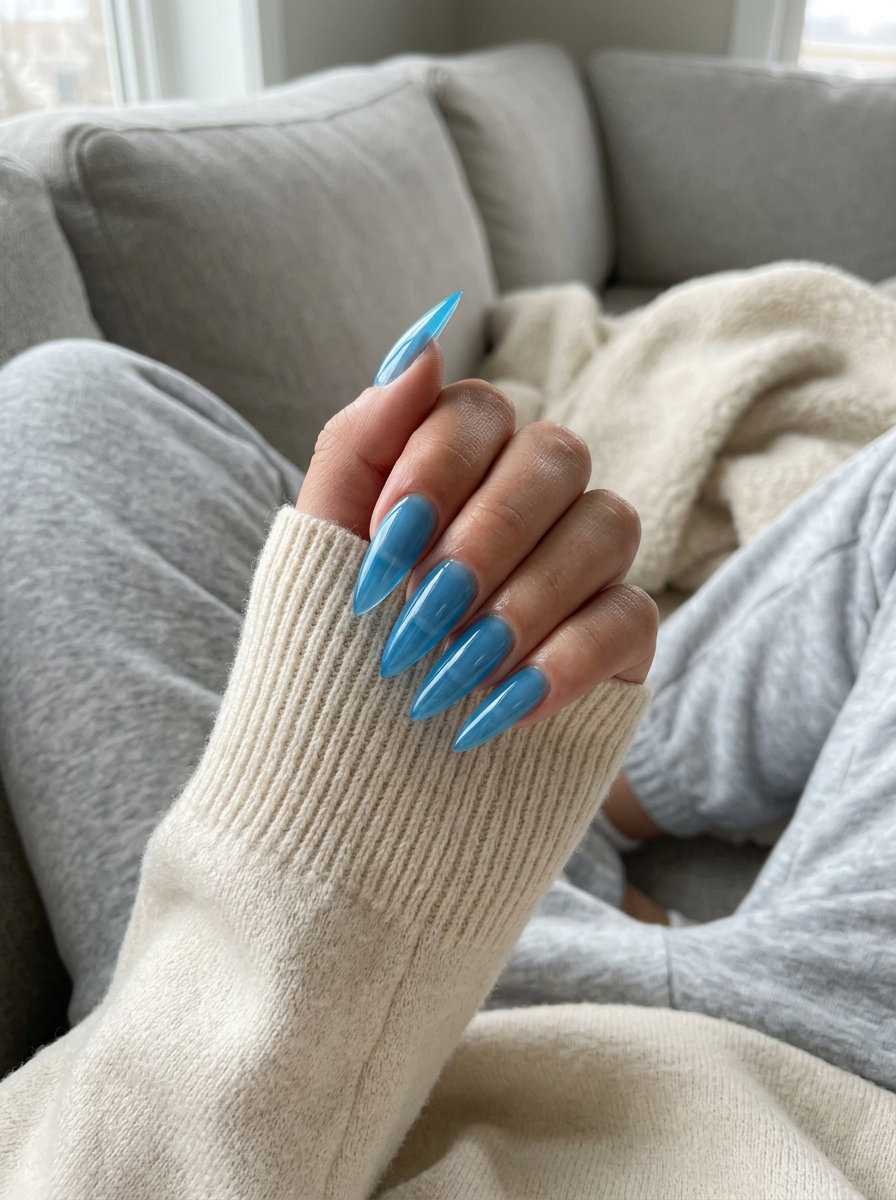 Summer Nails 2026: Sultry Sky Jelly Stilettos Translucent sky blue jelly stiletto nails for summer nails 2026. Vibrant and sultry for parties and vacations.