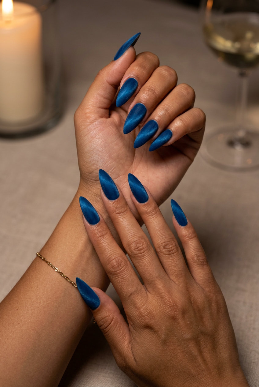 Sky Blue Velvet Nails 2026 | Sultry Night Out Style Sky Blue Velvet Stilettos: Sultry summer nails 2026 for nights out and parties. Luxurious and bold.