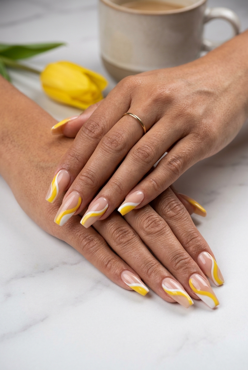 Whimsical bright yellow and white abstract swirls on sheer nude coffin nails for festivals. Artistic summer nails yellow 2026.
