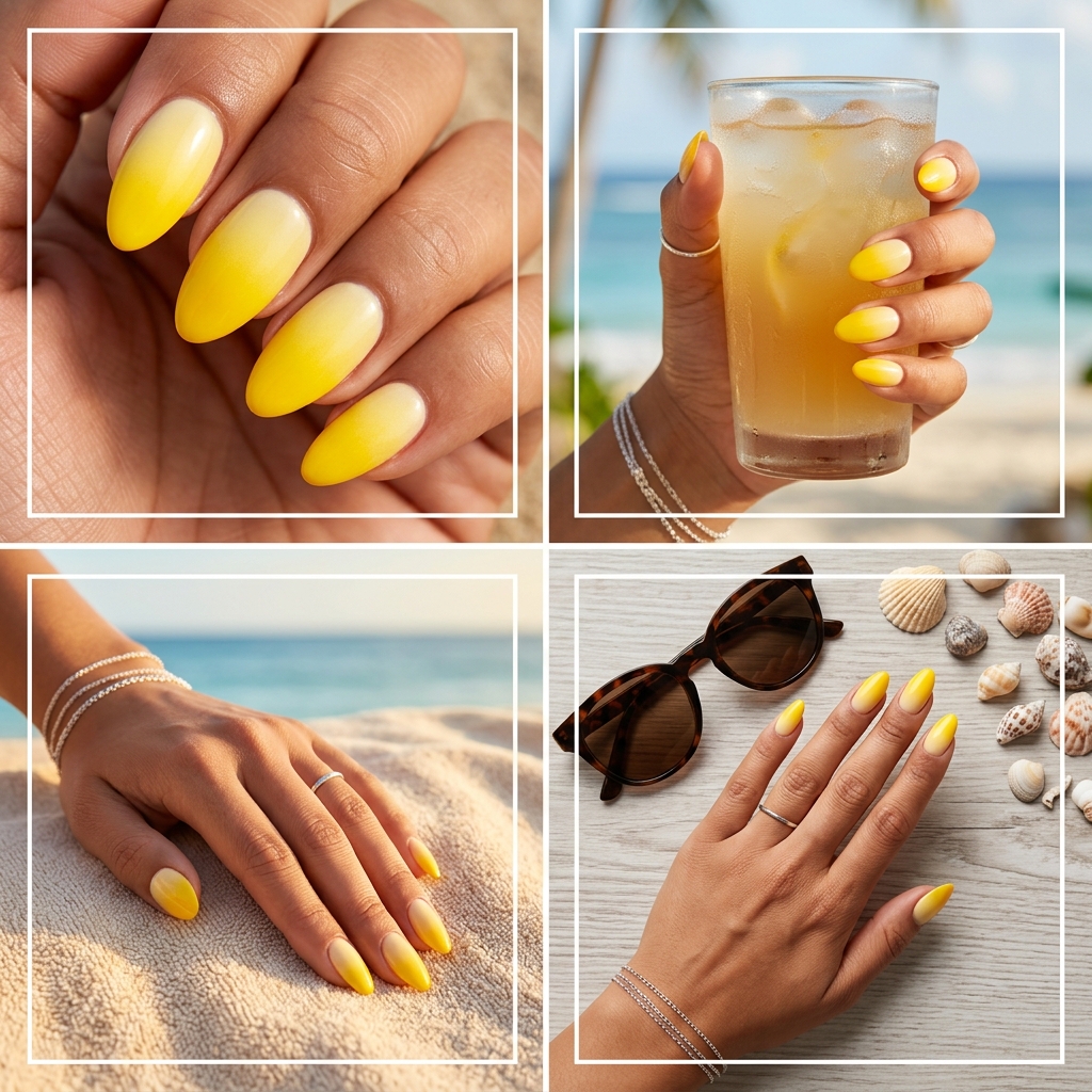Vibrant airbrushed sunshine gradient nails in bright yellow for summer vacations and festivals 2026.