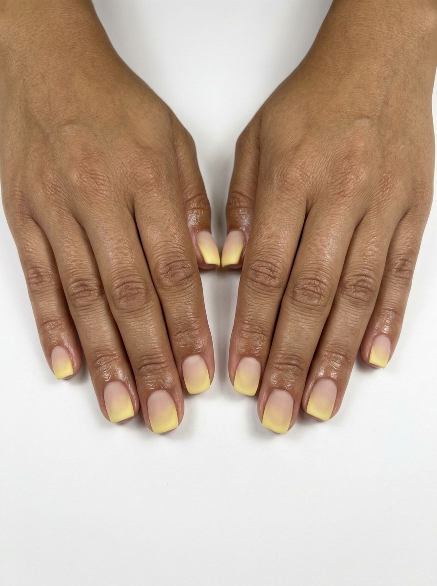 Minimalist butter yellow aura square nails fading to sheer nude with a matte finish for daily wear. Serene summer nails yellow 2026.