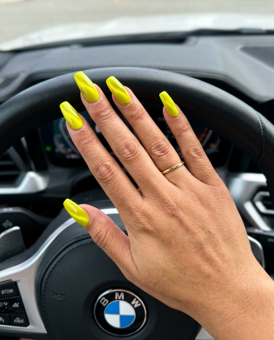Bold lemon yellow magnetic cat-eye on coffin nails for summer nails yellow 2026, perfect for parties.