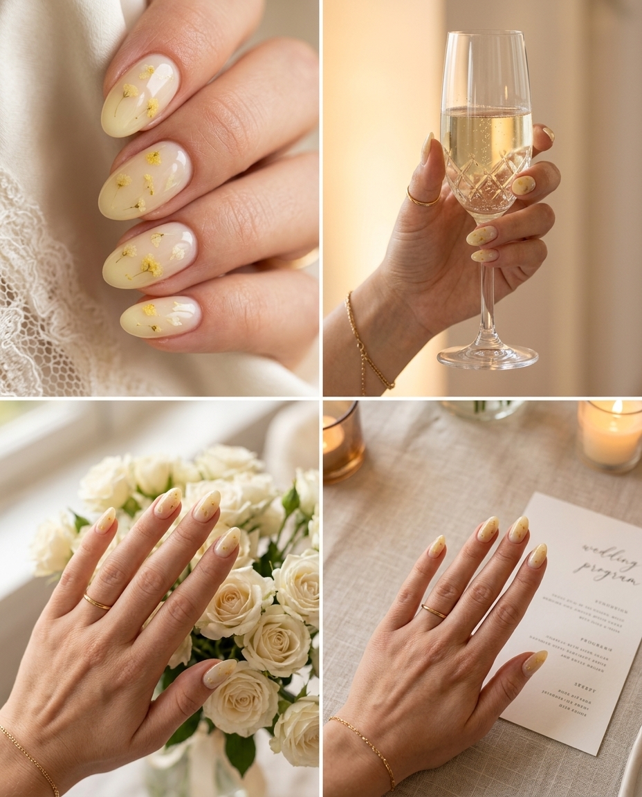 Romantic floral milk bath oval nails in pastel yellow for summer weddings and bridal showers 2026.