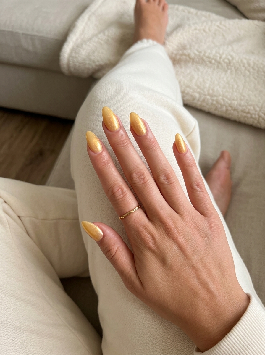 Romantic golden yellow shimmer on almond nails for summer nails yellow 2026, ideal for date nights.