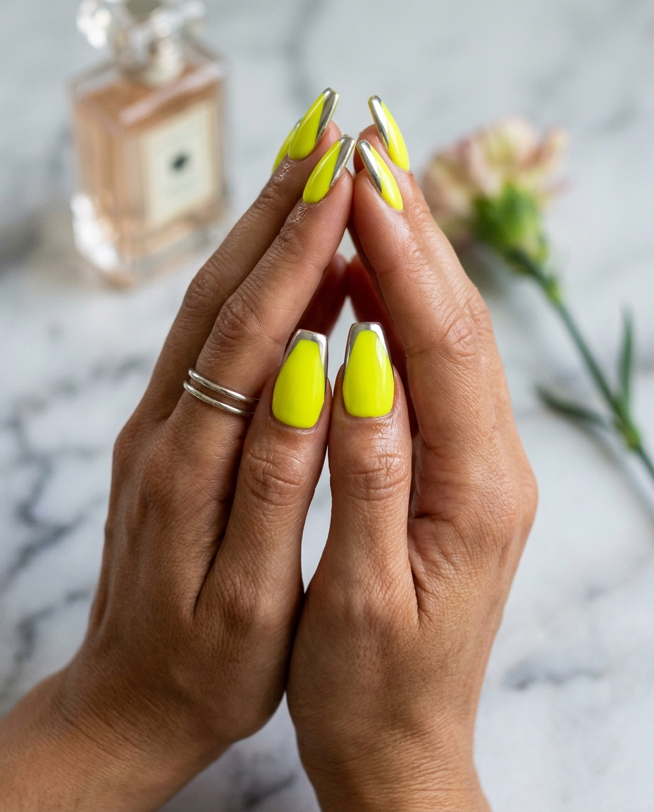 Edgy neon yellow coffin nails with silver chrome accents for parties and night outs 2026.