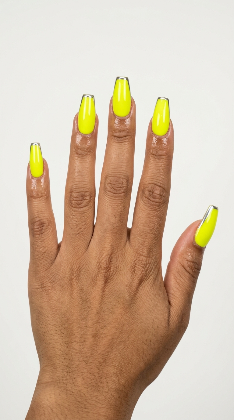 Edgy neon yellow coffin nails with a striking silver chrome accent line for parties. Futuristic summer nails yellow 2026.