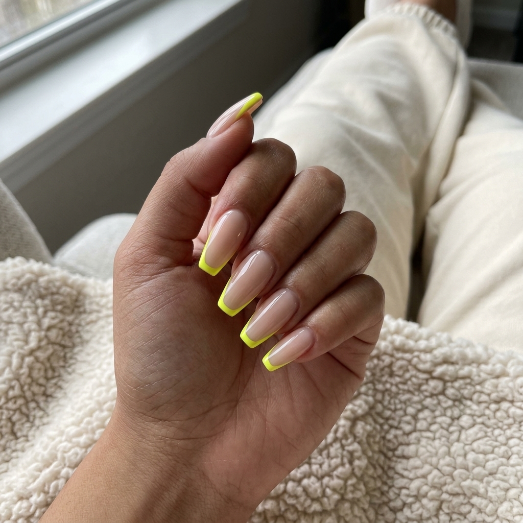 Edgy neon yellow cuticle pop on coffin nails for summer nails yellow 2026, ideal for festivals.