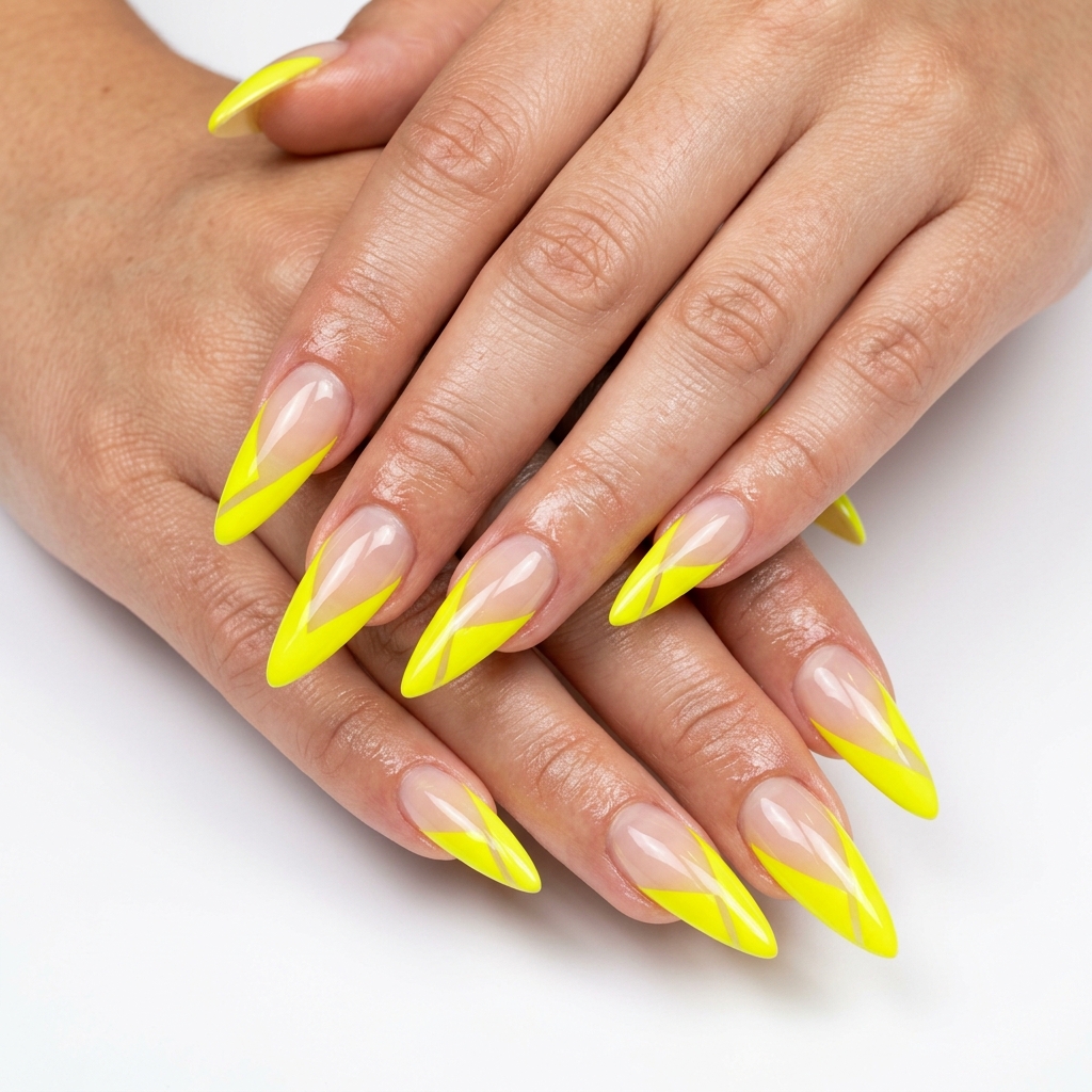 Edgy neon yellow graphic lines on clear stiletto nails for summer nails yellow 2026, great for parties.