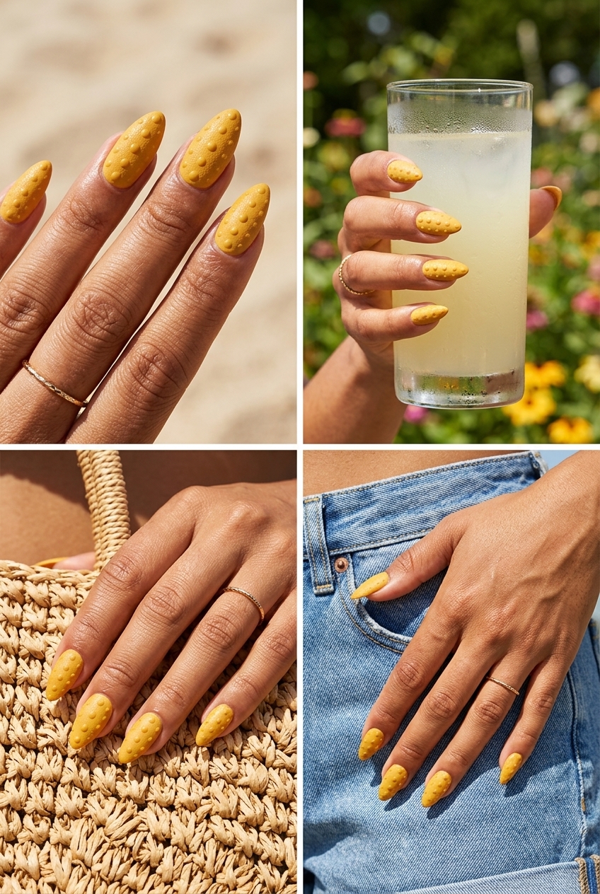 Textured mustard yellow stiletto nails with raised darker yellow dots for a bohemian festival look. Summer nails yellow 2026.