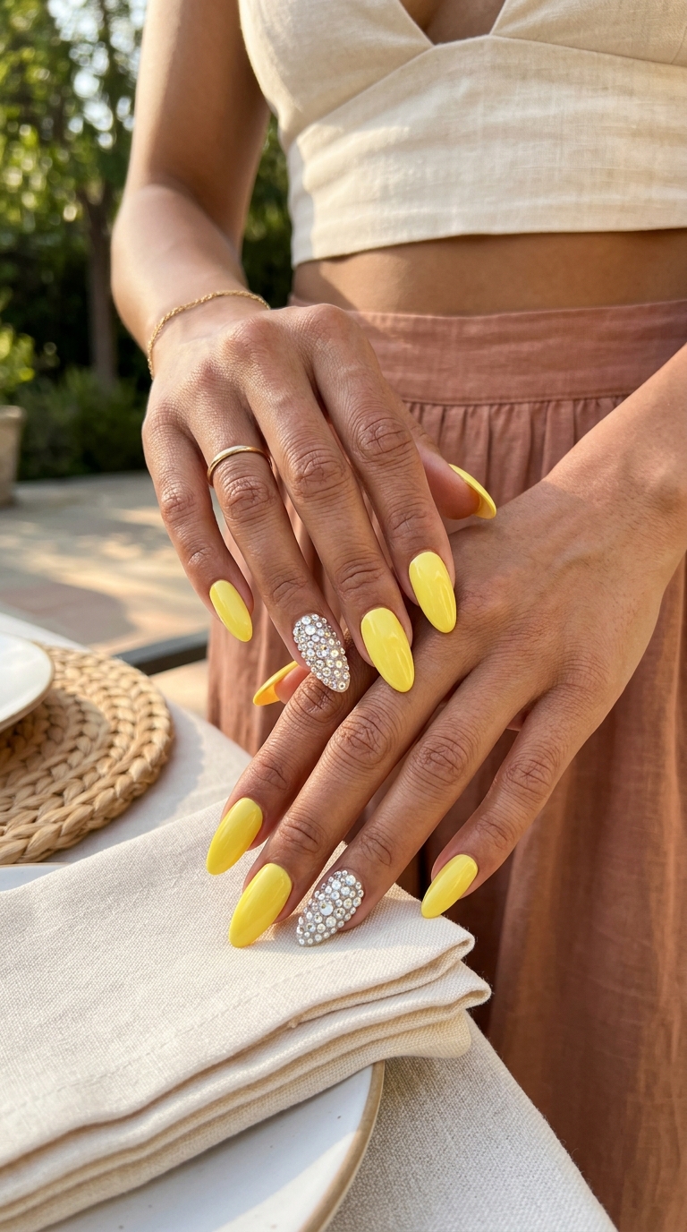 Glamorous lemon zest yellow with rhinestone accent on almond nails for summer nails yellow 2026.