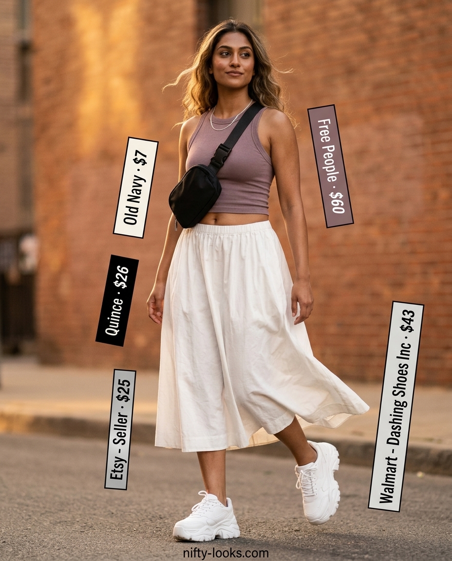 Summer Outfits for Women 2026: Olive green cargo pants with white tank and chunky sneakers for an edgy streetwear look.