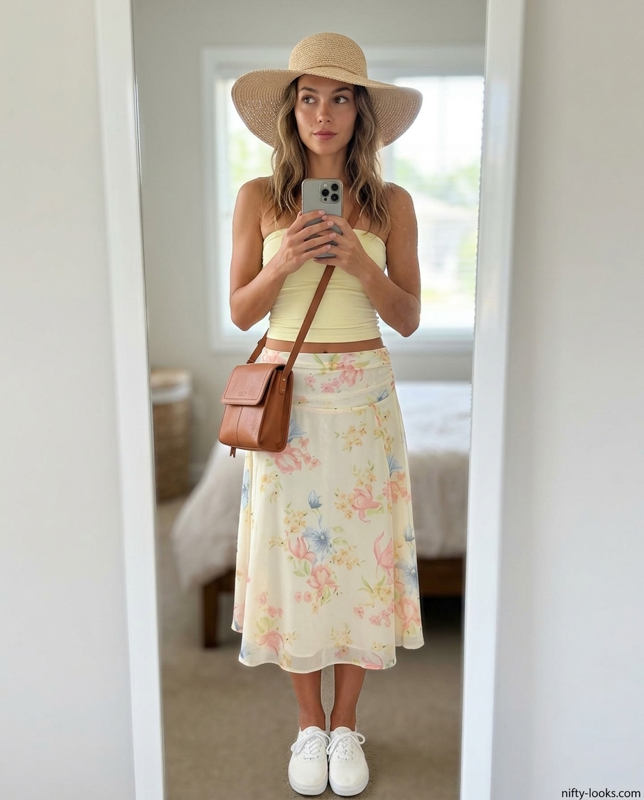 Summer Outfits for Women 2026: Pink floral blouse with denim shorts, sneakers, and sun hat for a playful casual look.