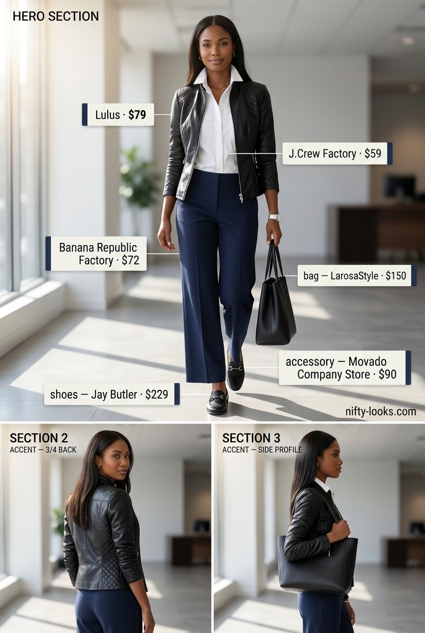 Summer outfits for women 2026: Navy wide-leg trousers, white shirt, black loafers, and leather tote for office wear.