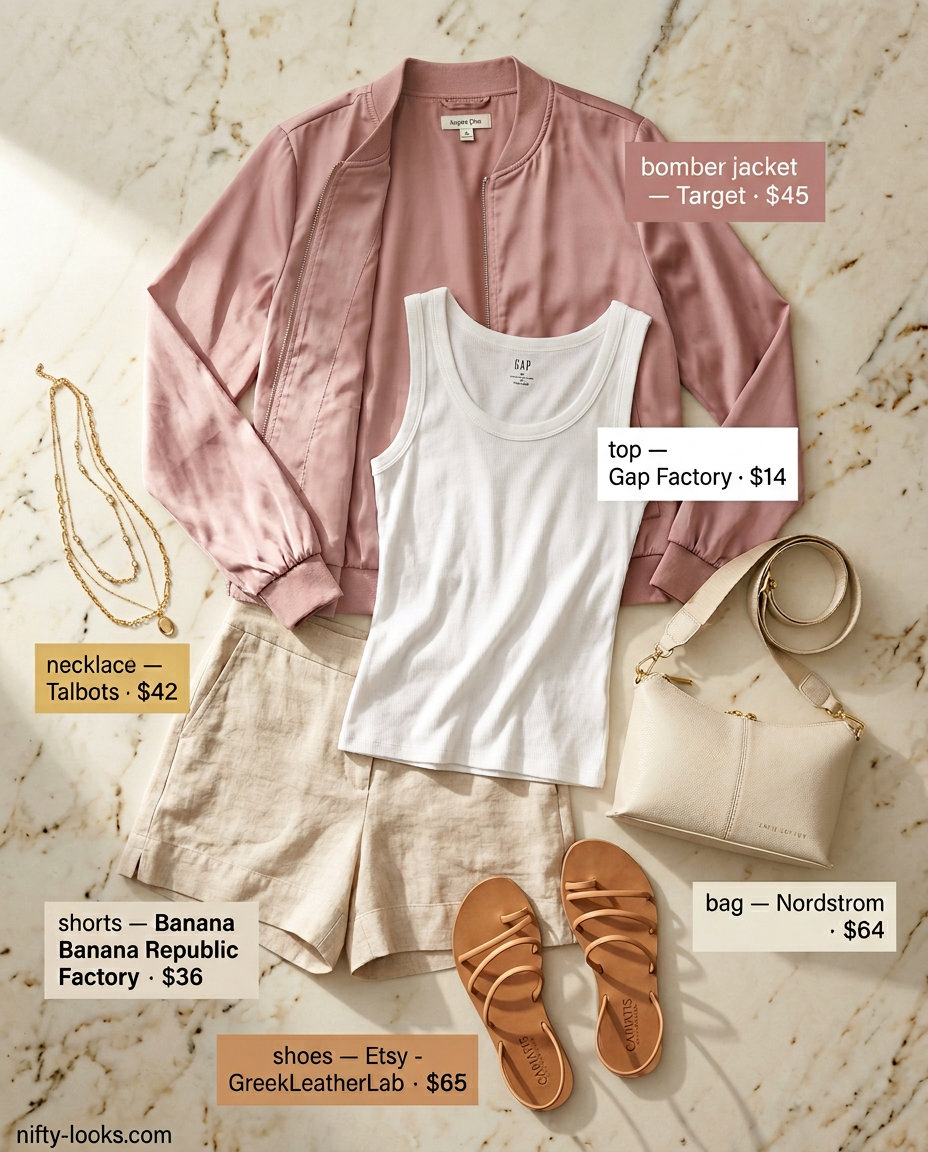 Summer Satin Bomber Outfits for Women 2026: Blush pink bomber, linen shorts, and tank top for a sunset cruise.