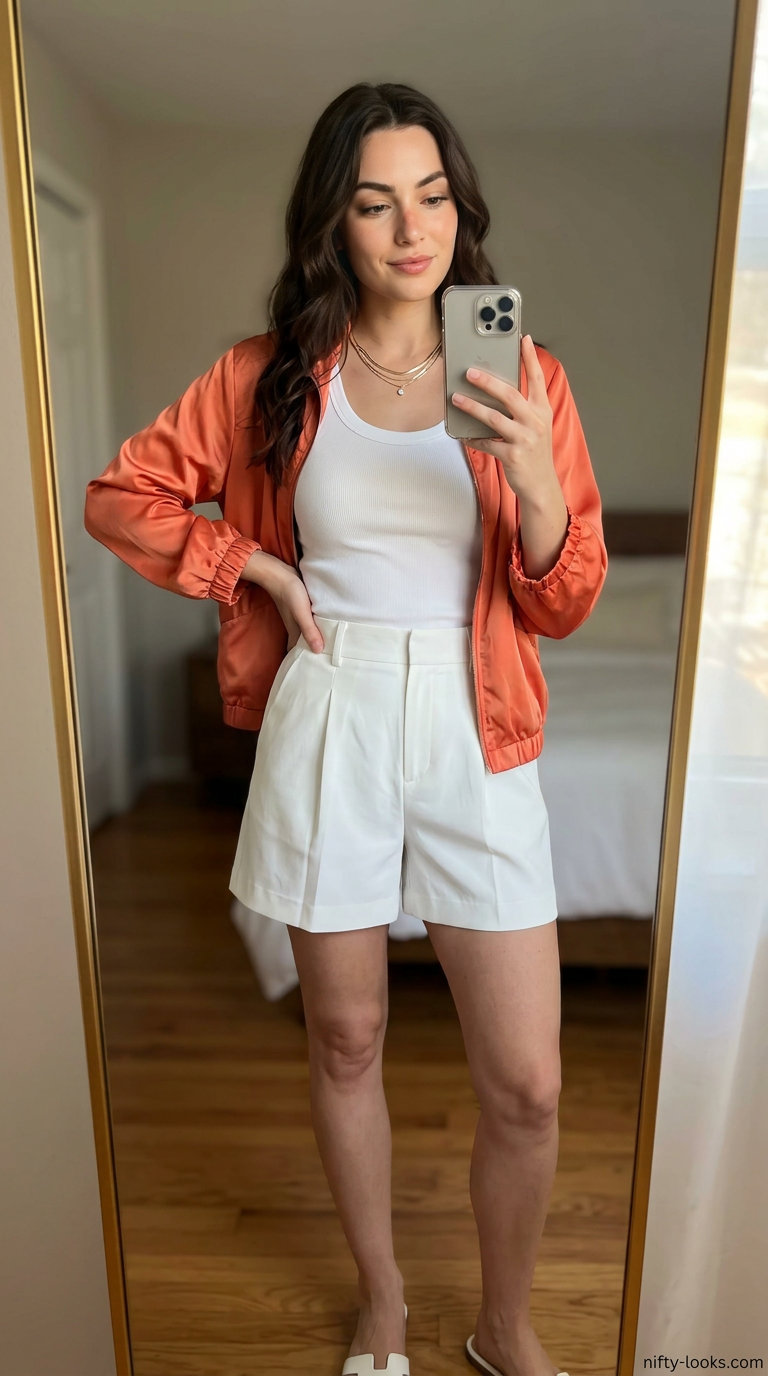 Summer Satin Bomber Outfits for Women 2026: Coral bomber, city shorts, and tank top for a summer evening.