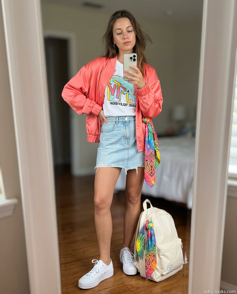 Summer Satin Bomber Outfits for Women 2026: Coral bomber jacket, denim mini skirt, graphic tee for festival fun.