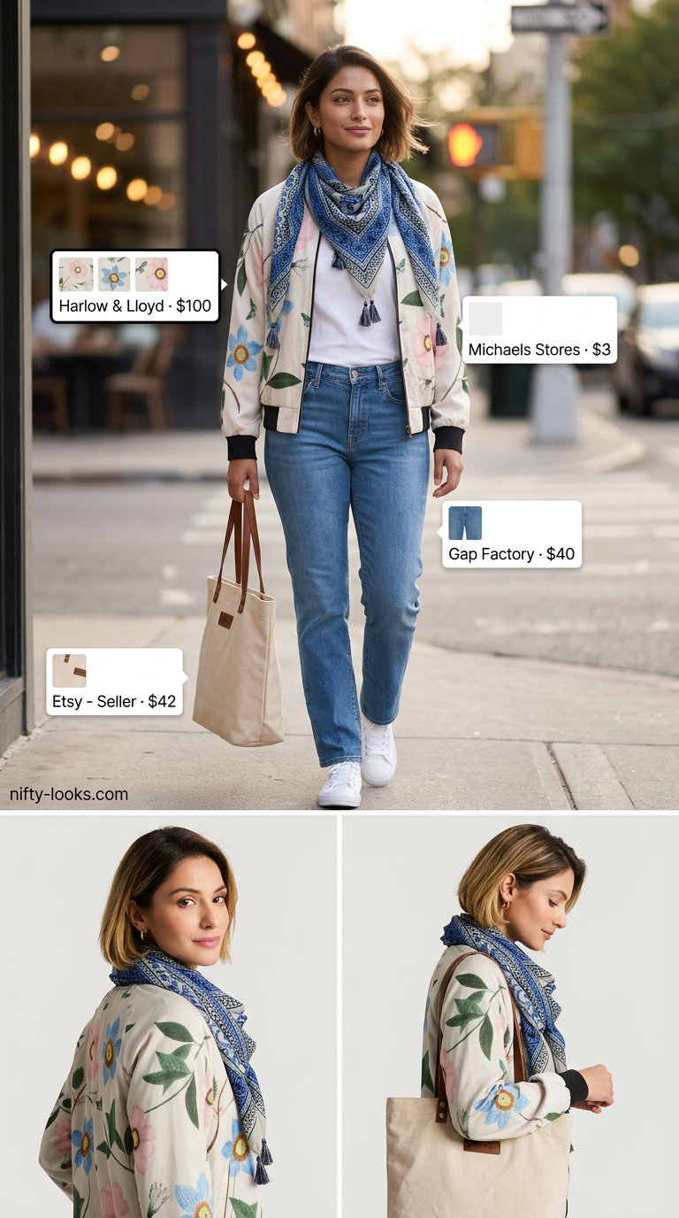 Summer Satin Bomber Outfits for Women 2026: Floral bomber jacket, white tee, denim jeans, and sneakers for weekend travel.