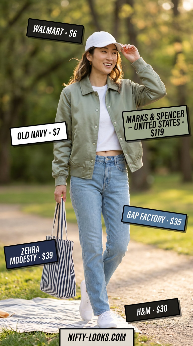 Summer Satin Bomber Outfits for Women 2026: Mint green bomber jacket, white tee, and jeans for a park picnic.