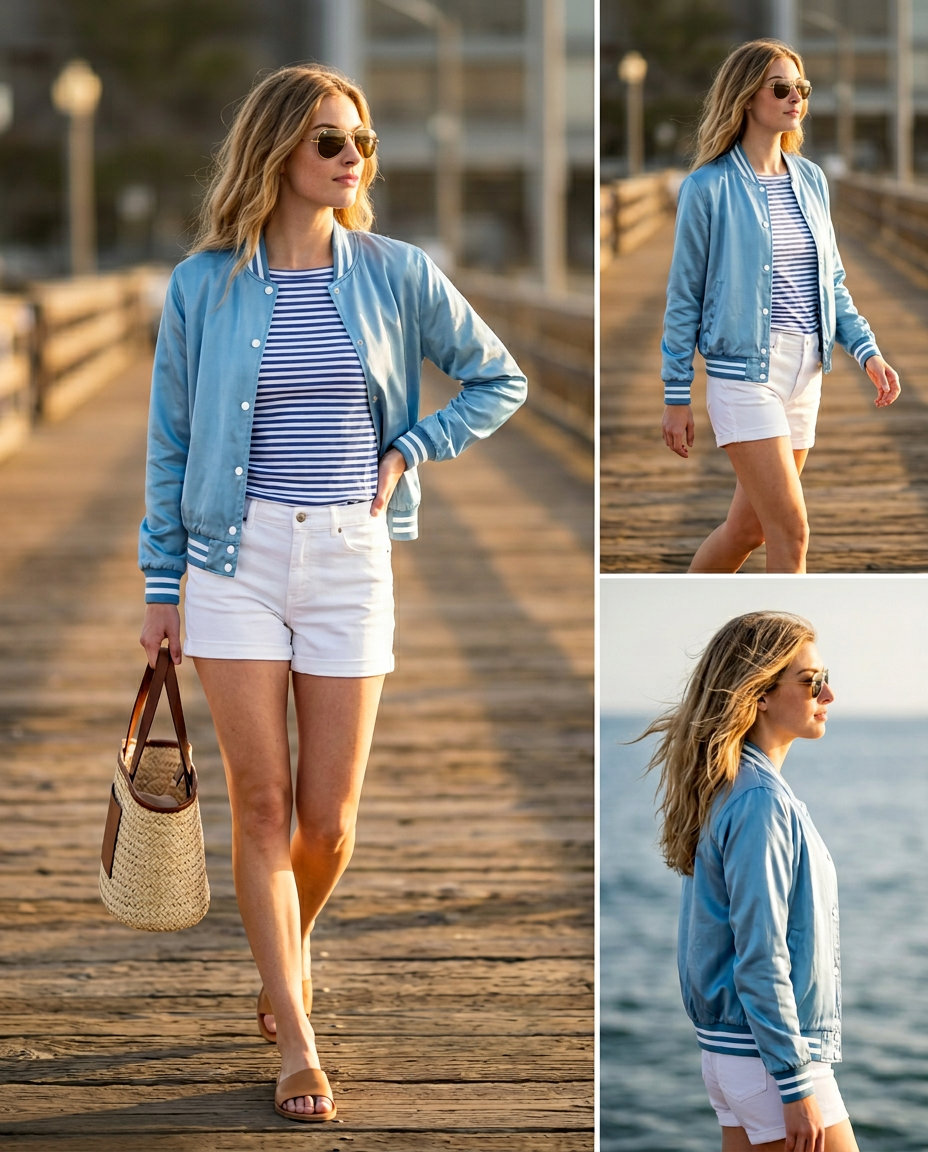 Summer Satin Bomber Outfits for Women 2026: Sky blue bomber, striped tee, and denim shorts for coastal vibes.