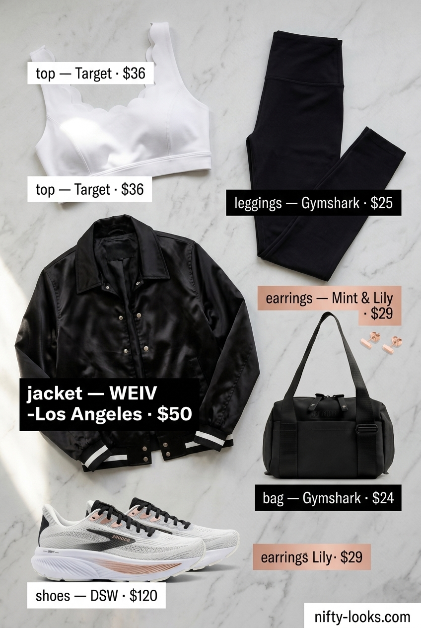 Athleisure luxe outfit with a black satin bomber jacket, leggings, and athletic sneakers. Summer Satin Bomber Outfits for Women 2026.