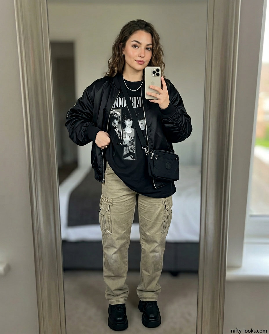 Black satin bomber jacket with khaki cargo pants and graphic tee for festival outfits 2026.