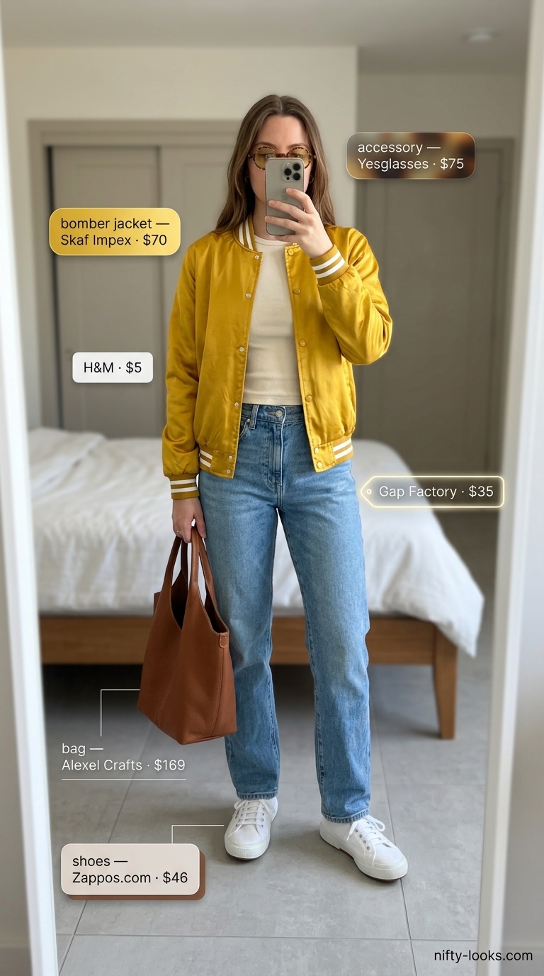 California cool outfit with a mustard yellow satin bomber jacket, light wash jeans, and white sneakers. Summer Satin Bomber Outfits for Women 2026.