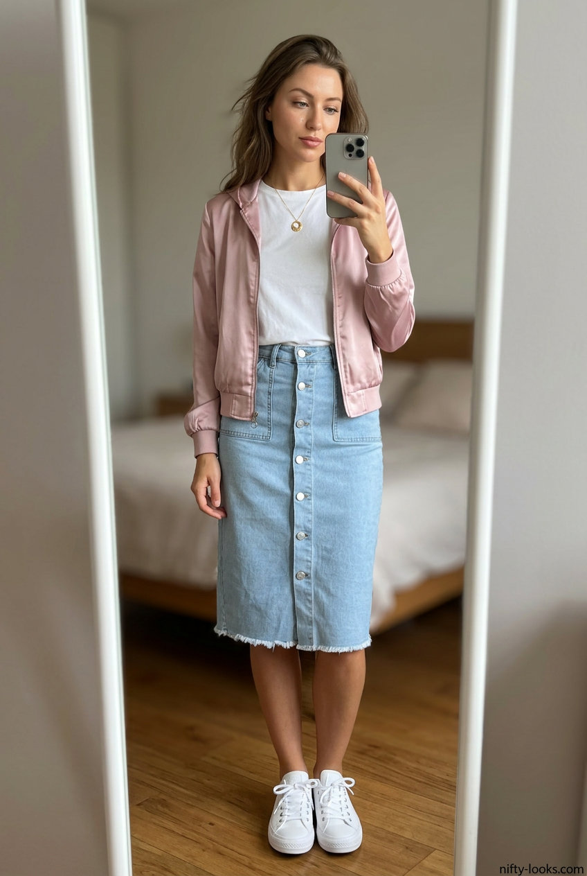 Casual cool brunch outfit with a blush pink satin bomber jacket, denim midi skirt, and sneakers. Summer Satin Bomber Outfits for Women 2026.