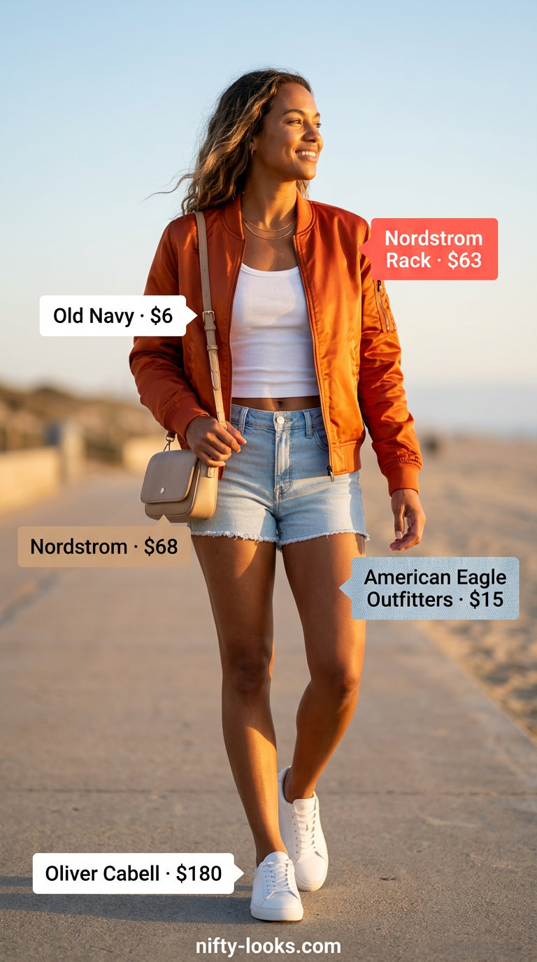 Coral satin bomber jacket with denim shorts and white tank for summer evening outfits 2026.