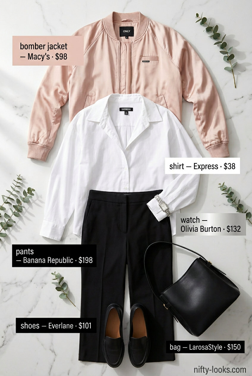 Cream satin bomber jacket with white shirt and black trousers for minimalist outfits 2026.