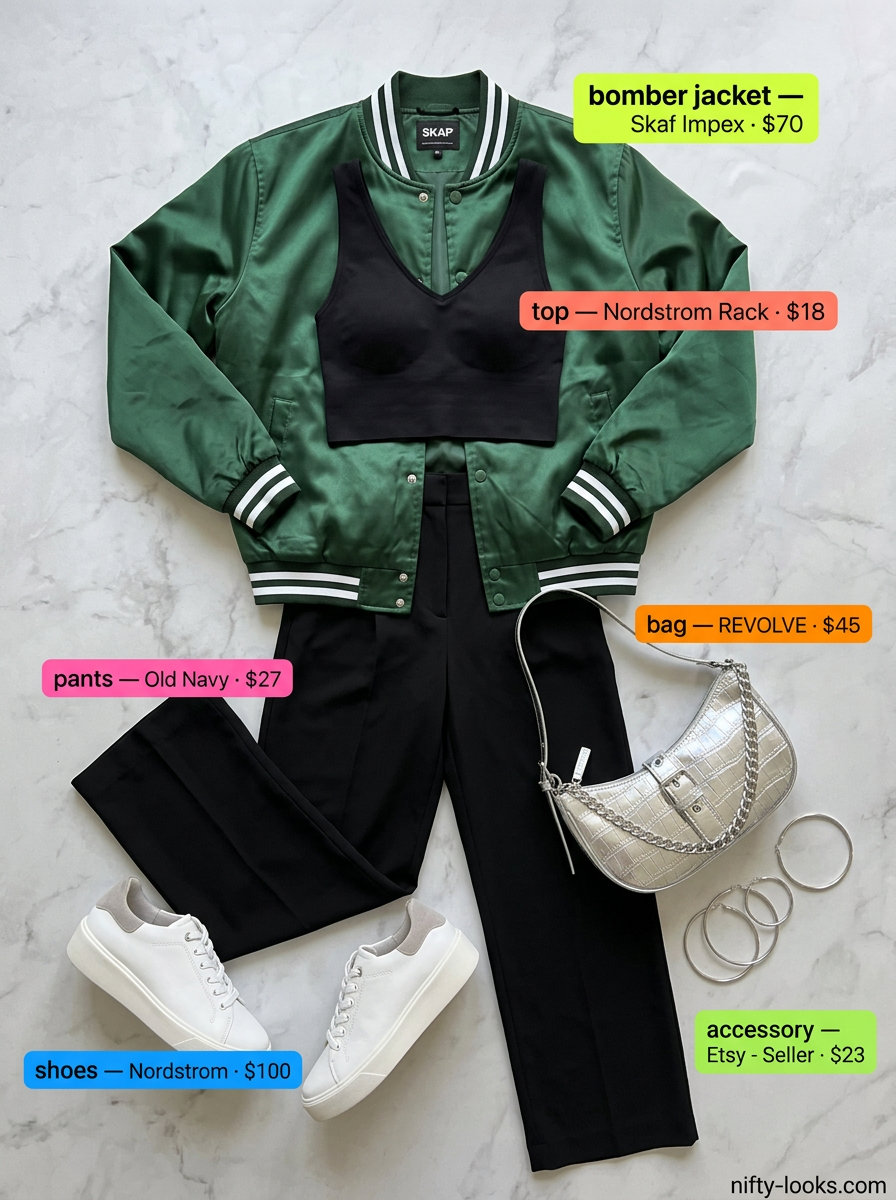 Emerald green satin bomber jacket with black trousers and white sneakers for urban explorer outfits 2026.