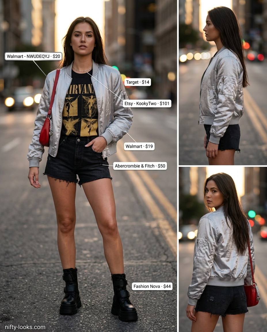 Festival ready outfit with a metallic silver satin bomber jacket, black cutoff shorts, and combat boots. Summer Satin Bomber Outfits for Women 2026.