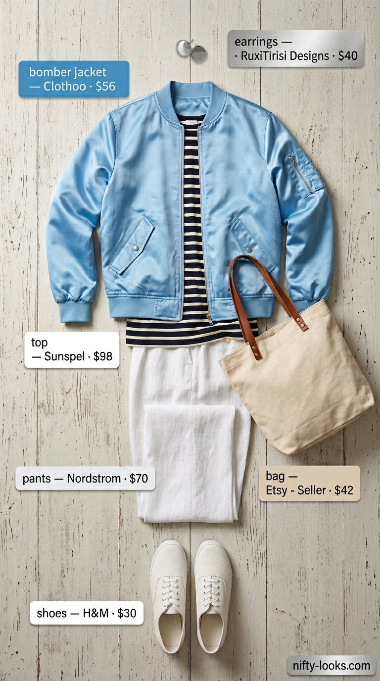 Light blue satin bomber jacket with linen pants and Breton tee for coastal outfits 2026.