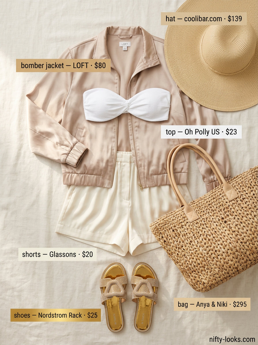Poolside glam outfit with a champagne satin bomber jacket, white bikini, and straw hat. Summer Satin Bomber Outfits for Women 2026.