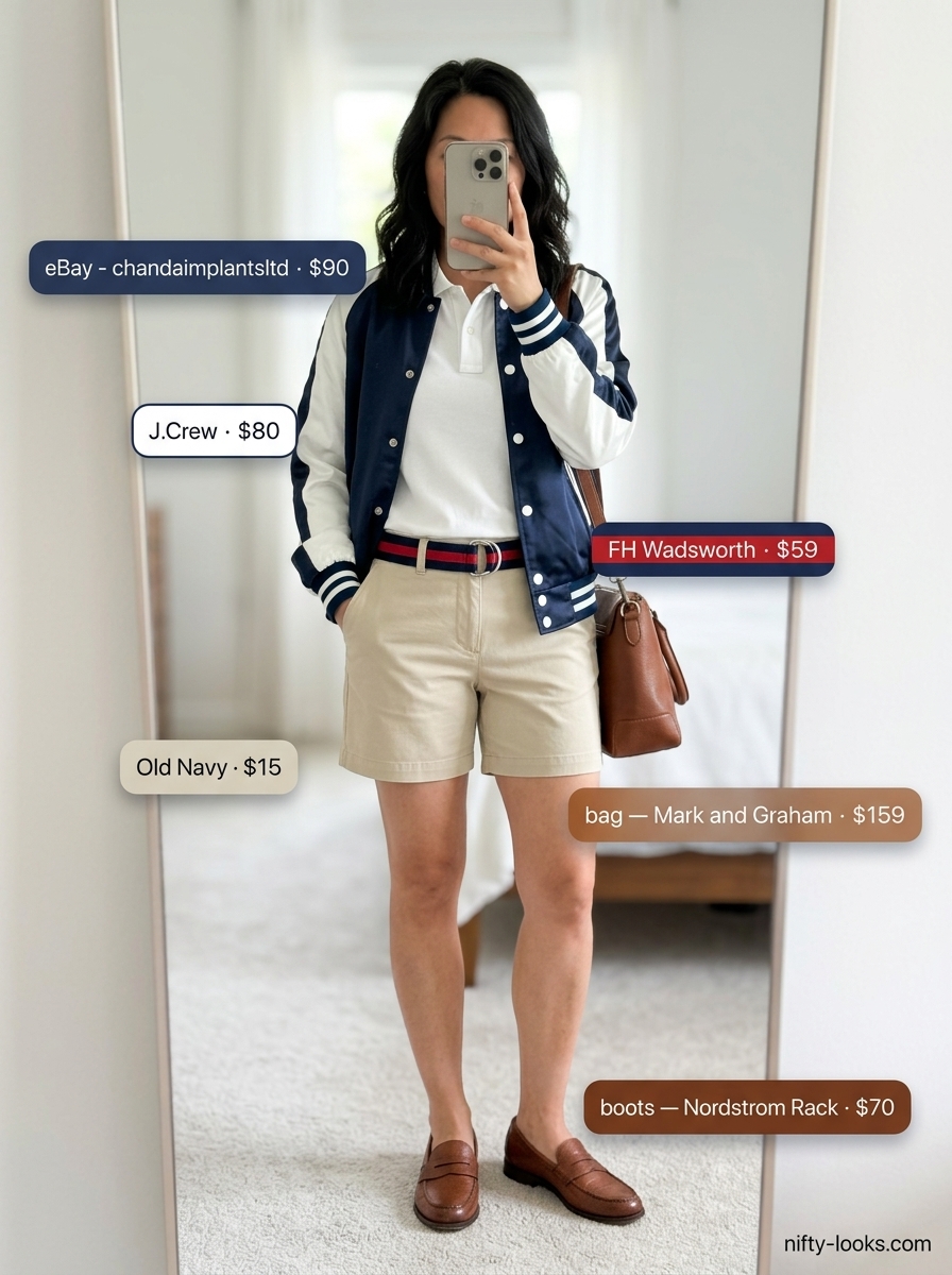 Preppy summer day outfit with a navy and white satin bomber jacket, chino shorts, and polo shirt. Summer Satin Bomber Outfits for Women 2026.