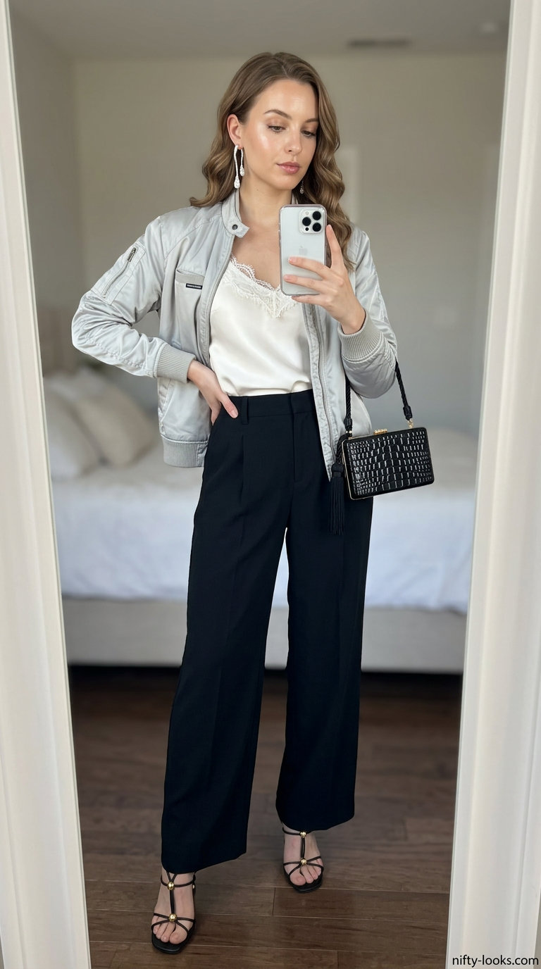 Silver satin bomber jacket with black trousers and white camisole for summer evening outfits 2026.